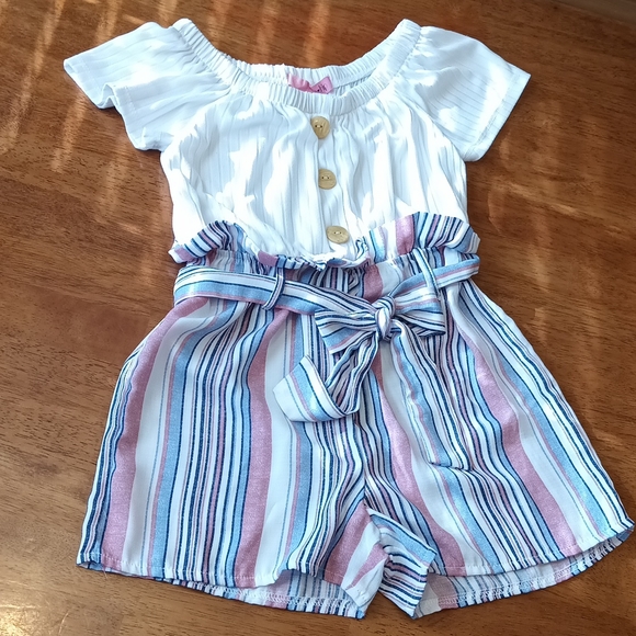little girls shorts jumpsuit Sz 8 pink /blue striped ruffle elastic waist| Rompe - Picture 3 of 10